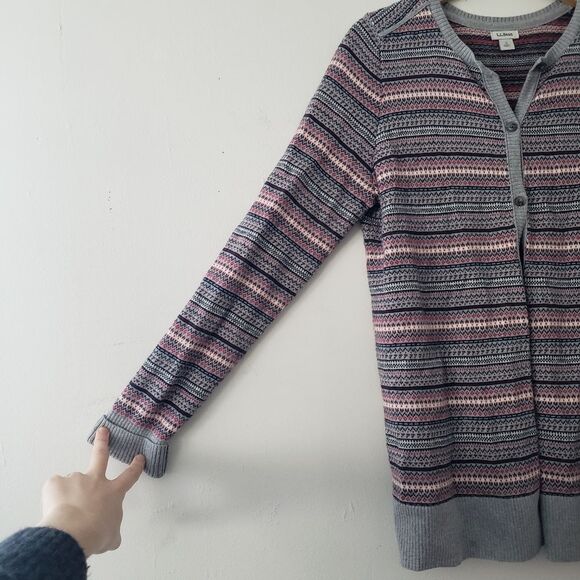 L.L. Bean Cotton Cashmere Blend Fair Isle Cardigan Gray Black Pink White S - Picture 6 of 7